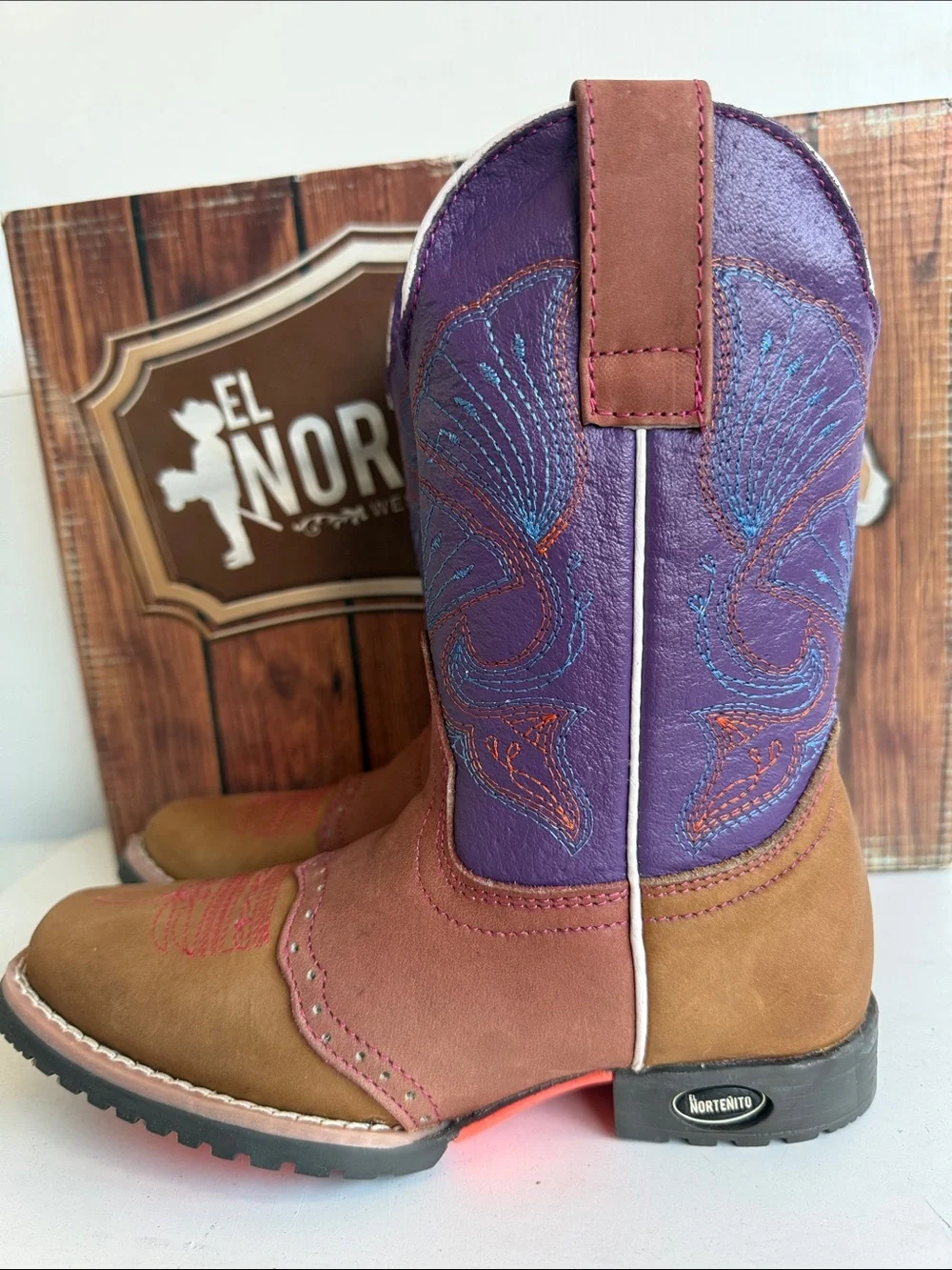 NEW EL NORTEÑO FAMILY COWBOY BOOTS NORTEÑITO SIZE 12.5 GIRLS BOYS BROWN PURPLE